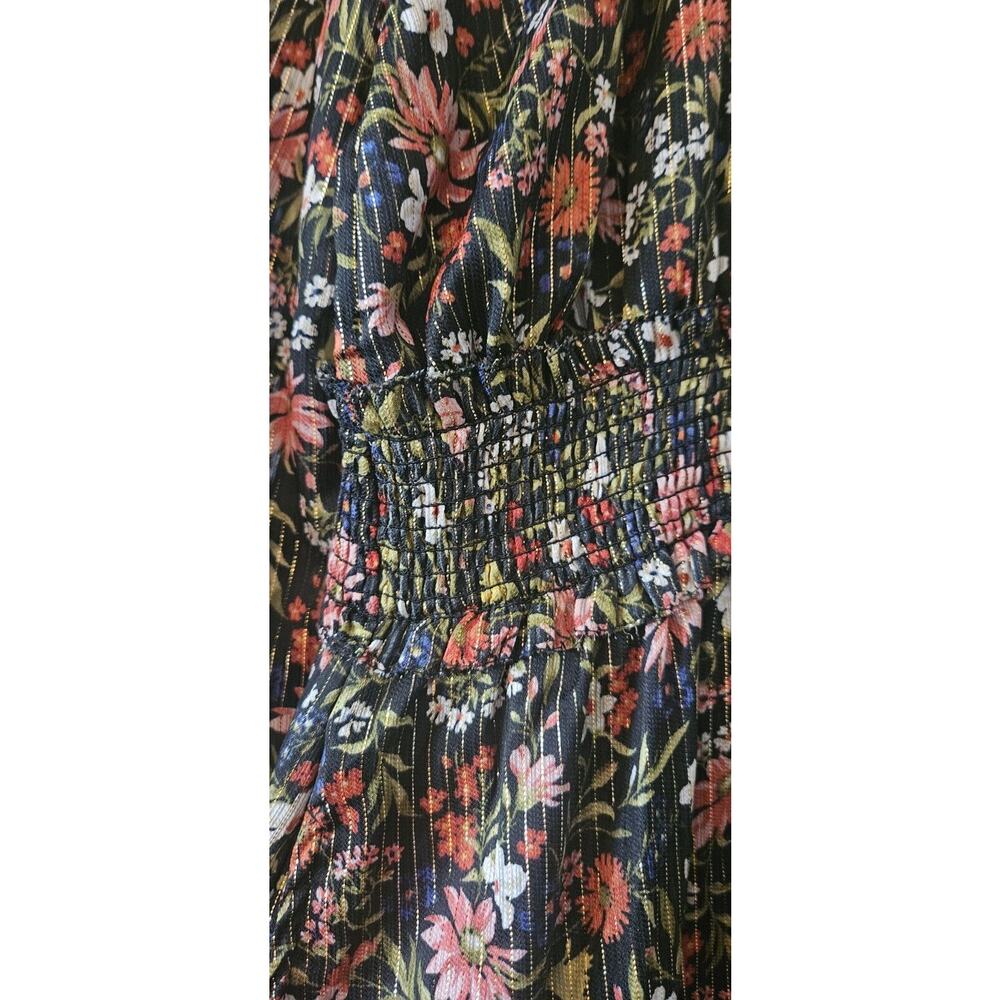 Old Navy Womens M Dark Floral Gold Metallic Midi Dress Smocked Waist Fairy Goth - Picture 9 of 11